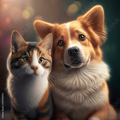 Cat and Dog Together As Best Friends, Dark Background 03. AI generative.