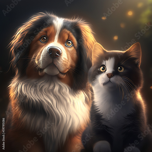 Cat and Dog Together As Best Friends, Dark Background 04. AI generative.