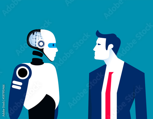 The human and anroid look in each other eyes. Human vs artificial intelligence concept photo