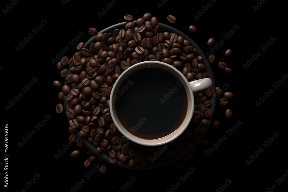 Fototapeta premium Coffee beans and a cup of coffee on a black background, Generative AI 