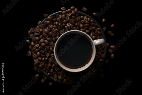 Coffee beans and a cup of coffee on a black background  Generative AI 