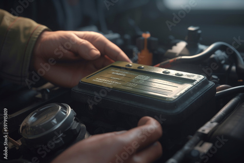 Auto mechanic checking car battery with voltmeter photo