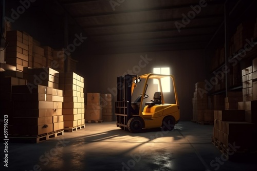 transportation distribution logistic forklift storage delivery sun box warehouse cargo. Generative AI.