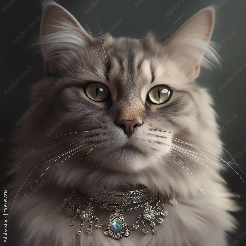 A regal cat wearing jewelry, mesmerizing eyes