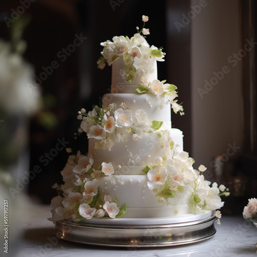 White and green wedding cake with flowers at reception. Wedding cake of three tiers of delicate color mastic. Wedding festive multistorey cake with flowers. 3D realistic illustration. Generative AI