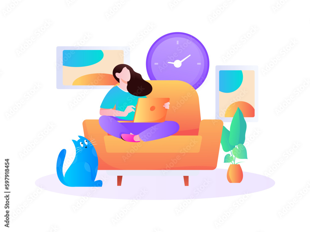 Fototapeta premium Home interior character scene flat vector concept operation hand drawn illustration 