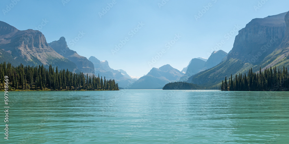 Maligne Lake and Hall of the Gods panorama, Jasper national park