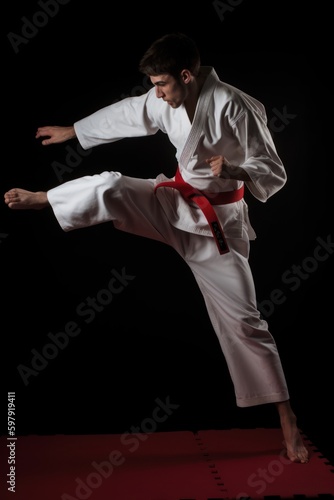 Young man in kimono practicing karate on black background. Generative AI