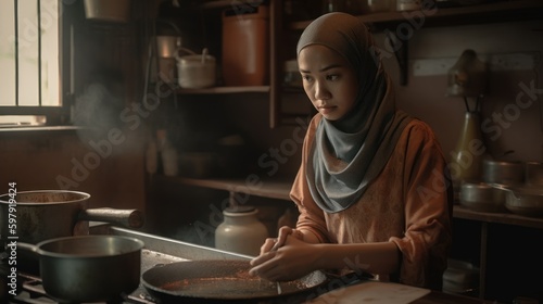 muslim woman cooking in kitchen at home, asian food concept, Generative AI