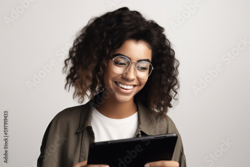 Wallpaper Mural Smiling african american woman in eyeglasses using digital tablet, Generative AI Torontodigital.ca