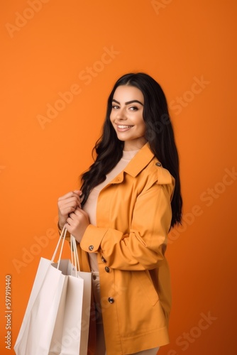 smiling young woman in trench coat holding shopping bags isolated on orange, Generative AI