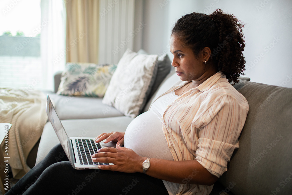 Young pregnant woman using a laptop at home on the couch Young pregnant woman using a laptop at home on the couch