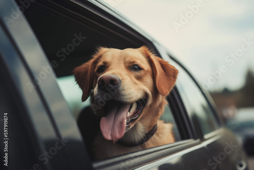 happy dog with head out of the car window having fun, sunset, generative AI