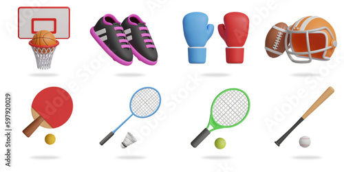 sport 3D vector icon set.
basketball backboard,soccer shoes,boxing gloves,american football,table tennis racket,badminton,tennis,baseball photo