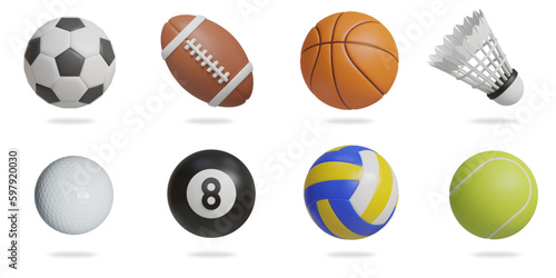 sport 3D vector icon set. soccer ball rugby ball basketball shuttlecock golf ball snooker ball volleyball tennis ball