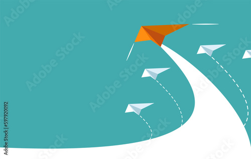 Origami orange paper plane leads to success. The startup, creative idea, business financial, competition concept. Vector illustration for banner, poster, and background.