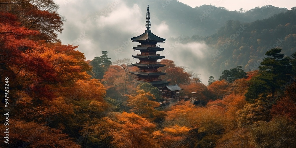Obraz premium japanese temple in the night, Created by AI generation, AI generative, Created with generative AI tools