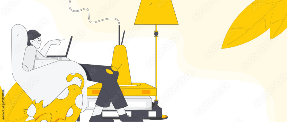 Fototapeta premium Home interior character scene flat vector concept operation hand drawn illustration 