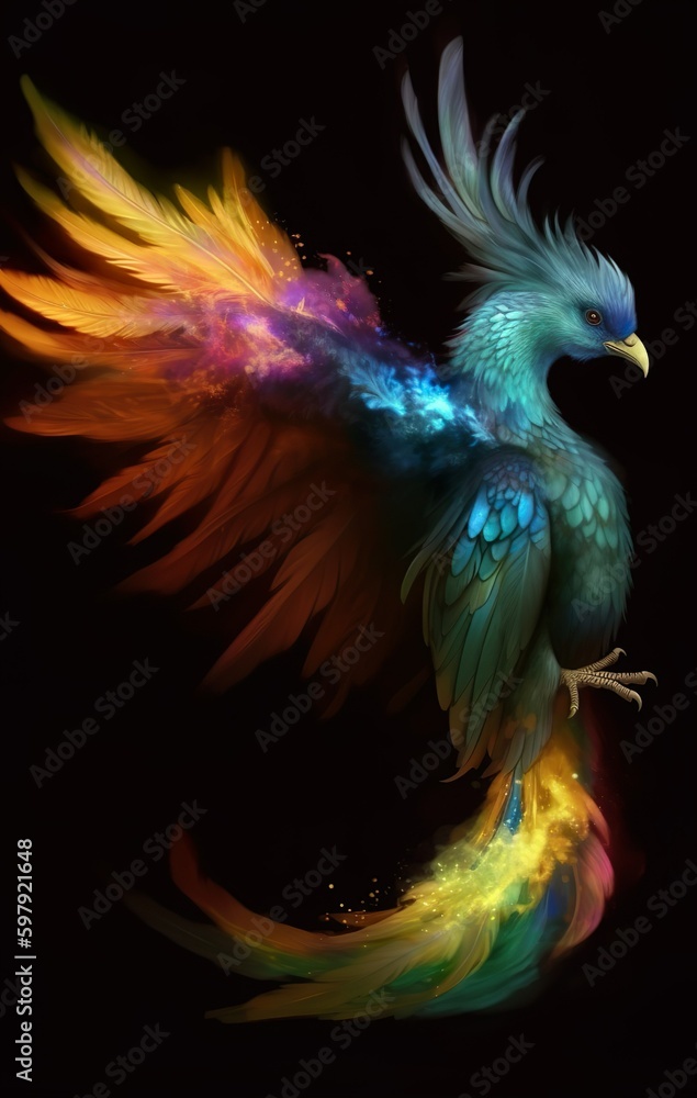 Colorful phoenix with black background