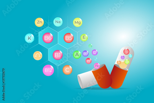 Vitamins and minerals in transparent capsules. Illustration of some vitamins and minerals in colorful bubbles on a blue background