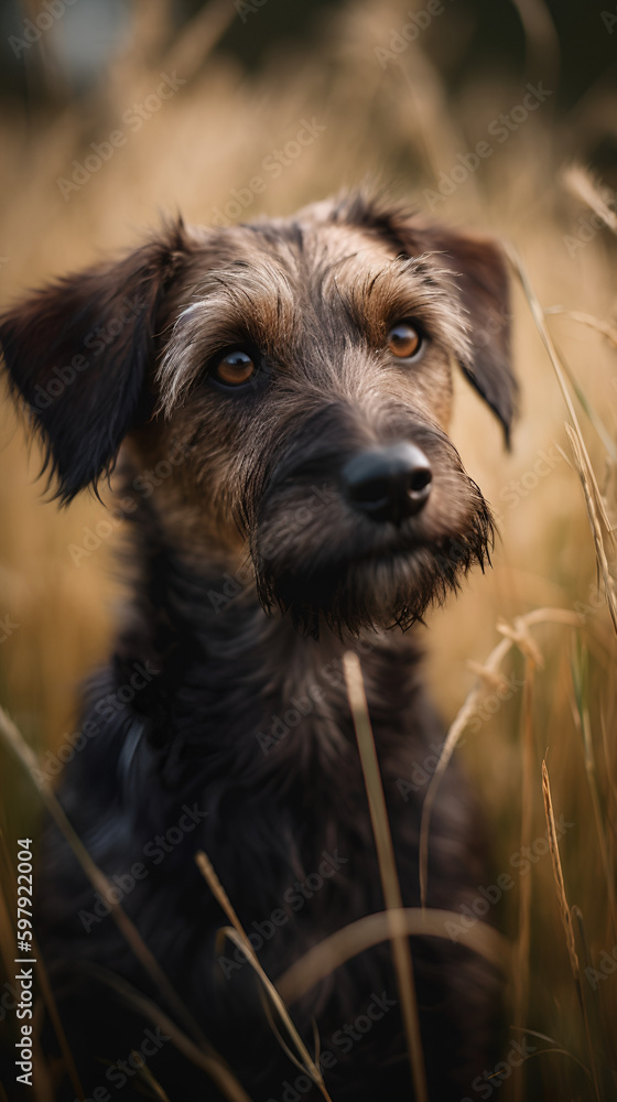 A terrier mix dog with floppy ears in the tall grass A terrier mix dog with floppy ears in the tall grass