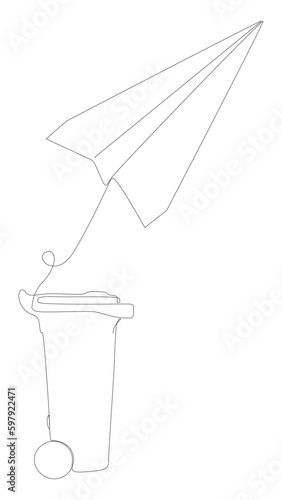 One continuous line of Paper Airplane with Garbage Bin. Thin Line Illustration vector concept. Contour Drawing Creative ideas.