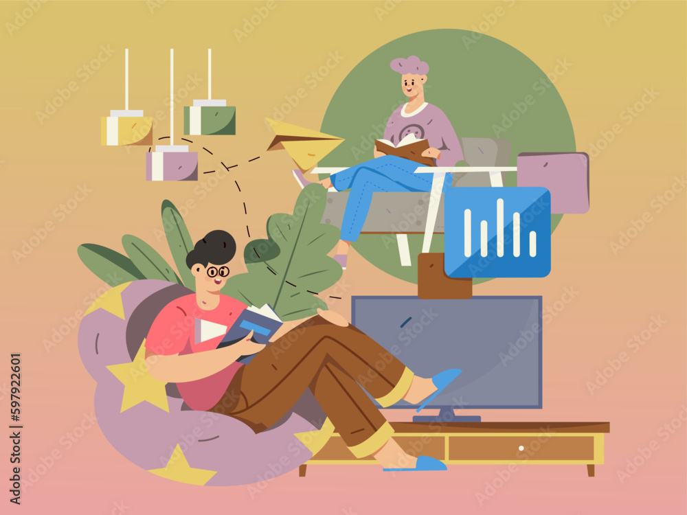 Fototapeta premium Home interior character scene flat vector concept operation hand drawn illustration 