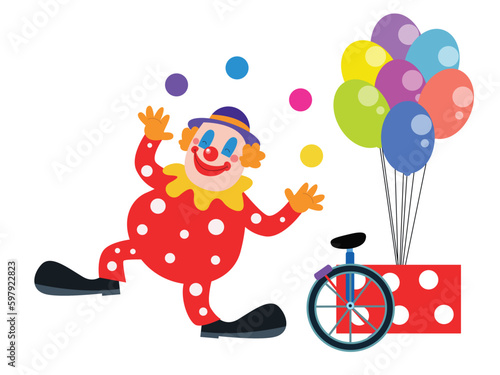 clown with balloons doing juggling with colorful balls
