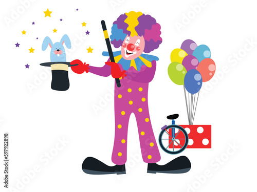 clown with balloons doing a magic trick show using a hat and rabbit