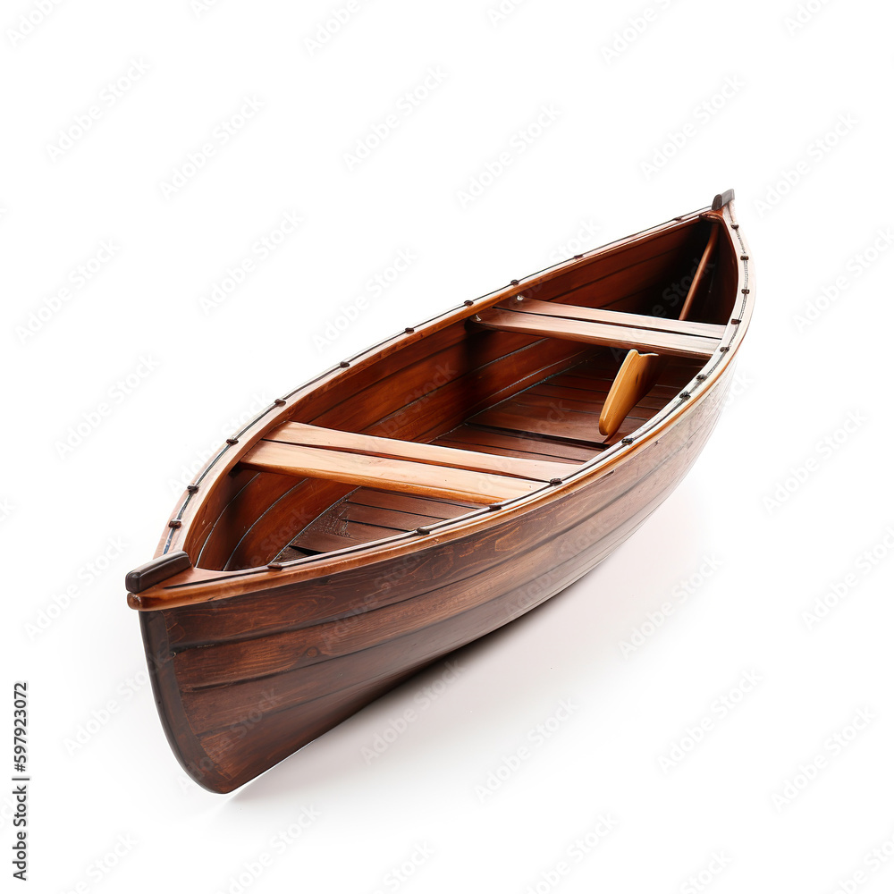 Old fishing wooden boat 3D rendering. Small wooden empty rowing boat. Wooden fishing boat isolated on white. 3D realistic illustration. Generative AI Old fishing wooden boat 3D rendering. Small wooden empty rowing boat. Wooden fishing boat isolated on white. 3D realistic illustration. Generative AI