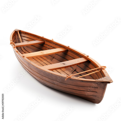 Old fishing wooden boat 3D rendering. Small wooden empty rowing boat. Wooden fishing boat isolated on white. 3D realistic illustration. Generative AI © Vagner Castro