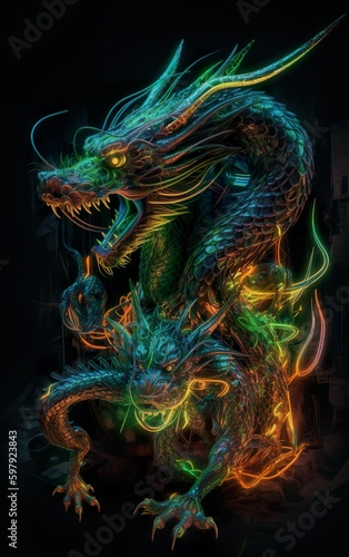 Neon color Chinese Dragon-Generative AI