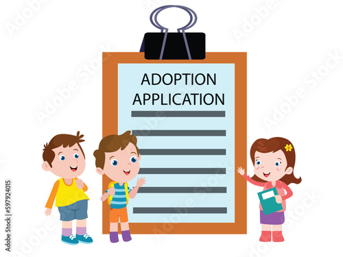 Adoption vector concept. Child cartoon character with adoption application document