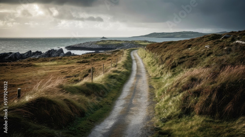 Road along the scenic coast of western Ireland. Generative AI