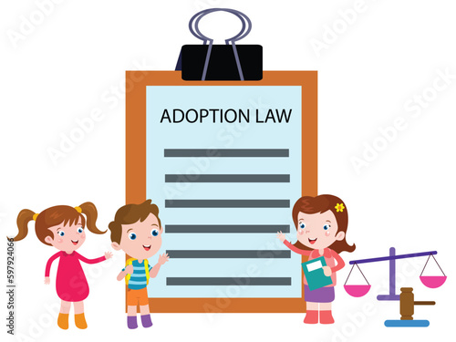 Adoption vector concept. Child cartoon character with adoption law document