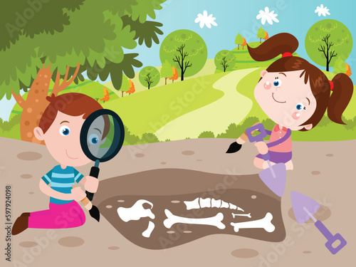 Archeology vector concept. Little archaeologist digging for dinosaur bones