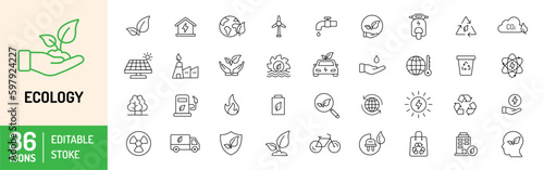 Ecology thin line icons set. Energy, nature, recycle, wind power, electric, bio and more… Vector illustration.