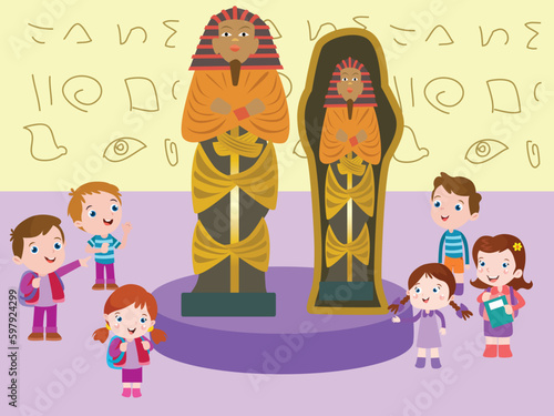Museum vector concept. Elementary school students looking at the mummy sarcophagus in the museum