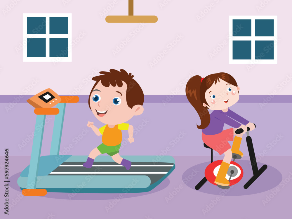 Children doing workout on the treadmill and exercise bike Children doing workout on the treadmill and exercise bike