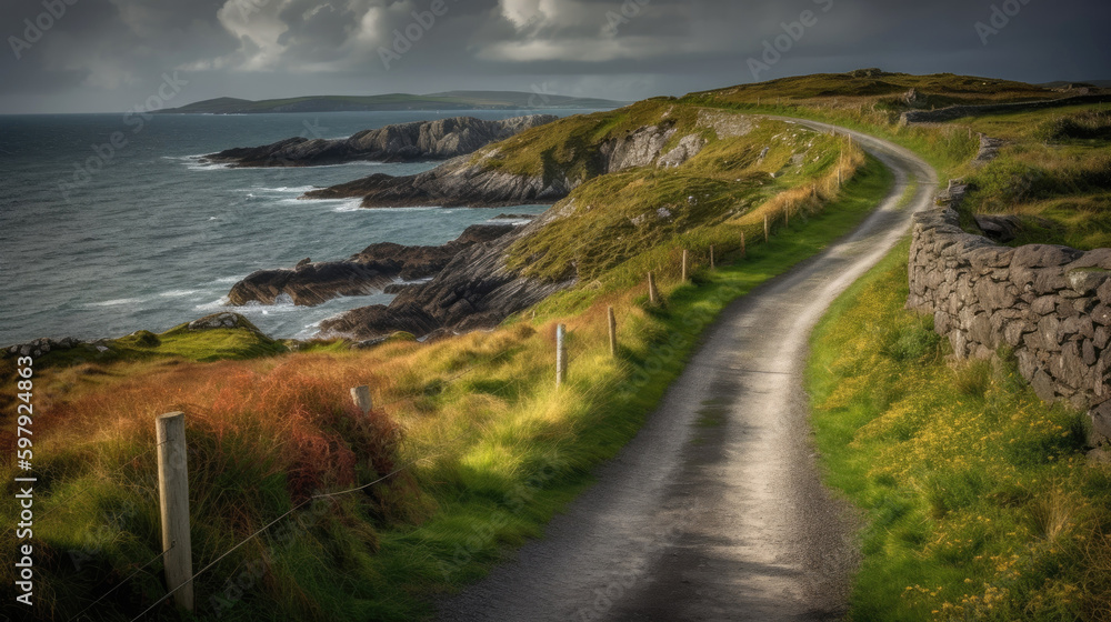 Road along the scenic coast of western Ireland. Generative AI