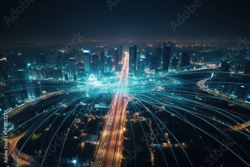 smart city with glowing light trails, generative AI