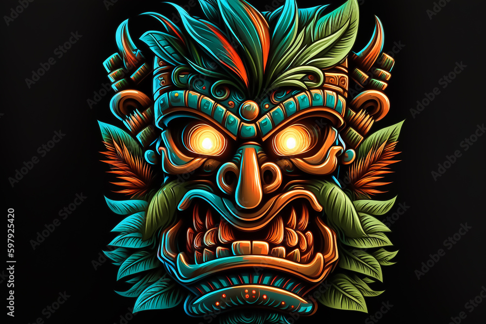 Tiki masks and wooden totems showcases the traditional Hawaiian and Polynesian art style white background Tiki masks and wooden totems showcases the traditional Hawaiian and Polynesian art style white background
