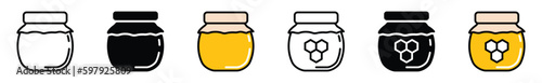 Honey jar and honeycomb icon vector set. Glass jars and honeycomb icon symbol in line, flat, and color style. Vector illustration