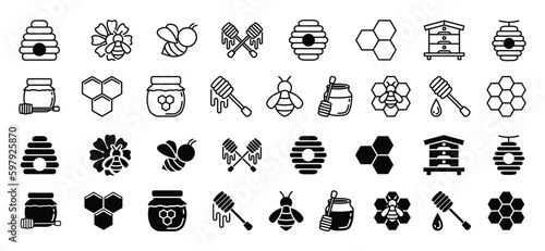 Honey and beekeeping line and flat icons vector set with editable stroke. Bee, beehive, honeycomb, honey, jars, hive, spoons, flowers icons collection on white background. Vector illustration