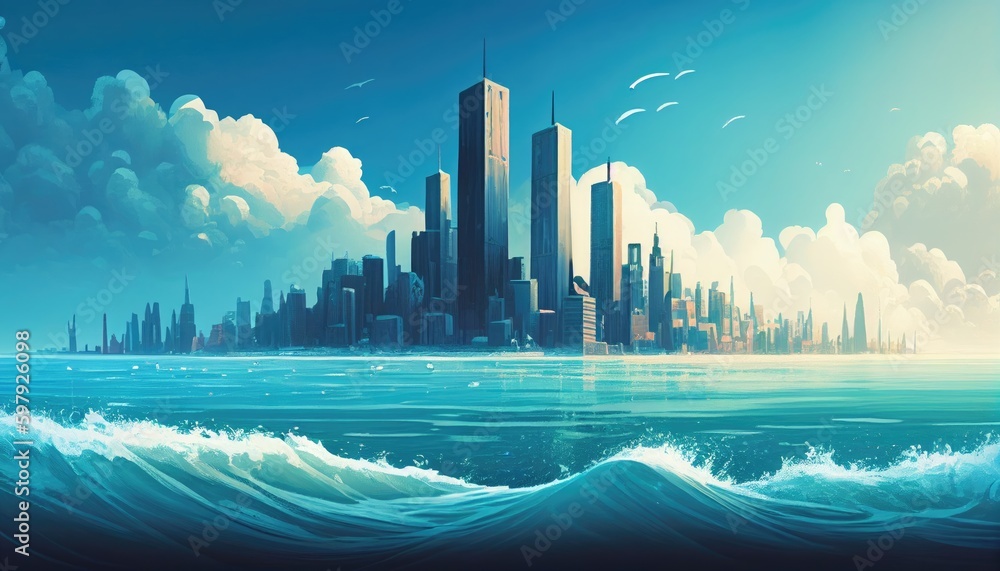 A coastal city with anime effects