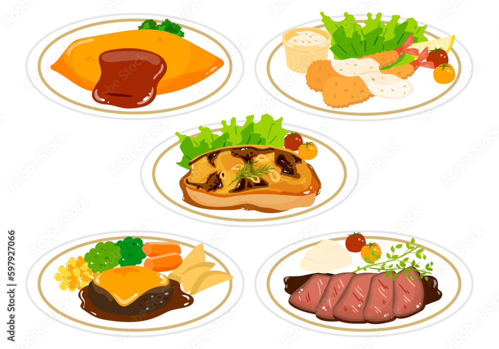 オムライス、エビフライなどの日本の洋食のベクターイラストセット。 オムライス、エビフライなどの日本の洋食のベクターイラストセット。