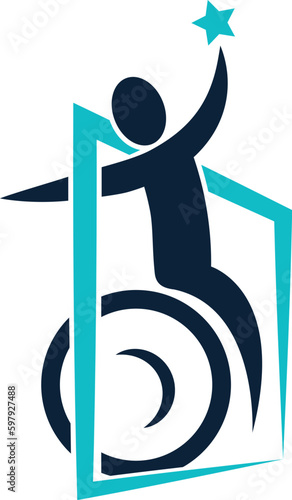 A disabled person catches the star on the wheelchair outside the blue frame logo design 