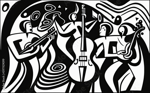 silhouettes of musicians playing music instruments  black and white line illustration  generative ai