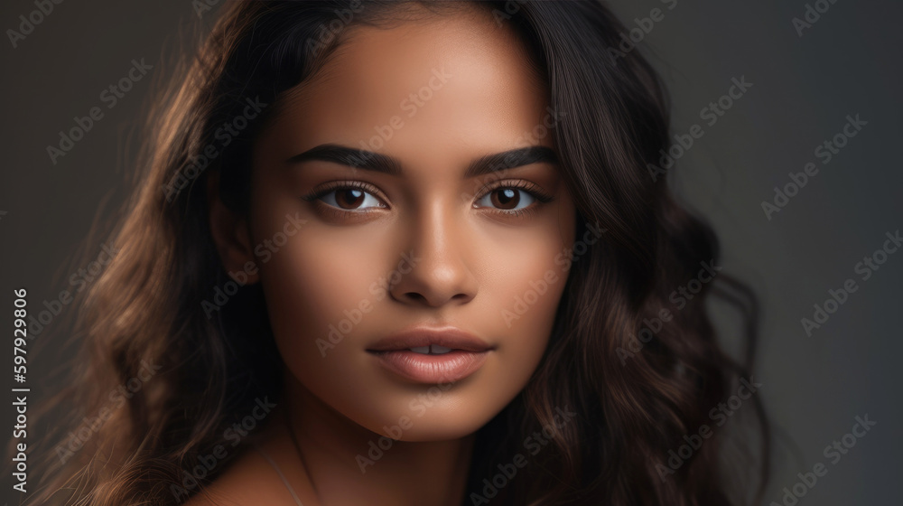 Natural Latino woman portrait. Beautiful model in studio background. Generative AI Natural Latino woman portrait. Beautiful model in studio background. Generative AI