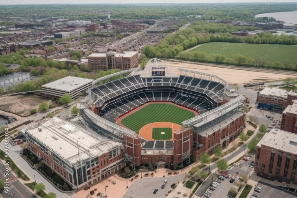 Fototapeta premium aerial view of a professional baseball stadium, generative AI